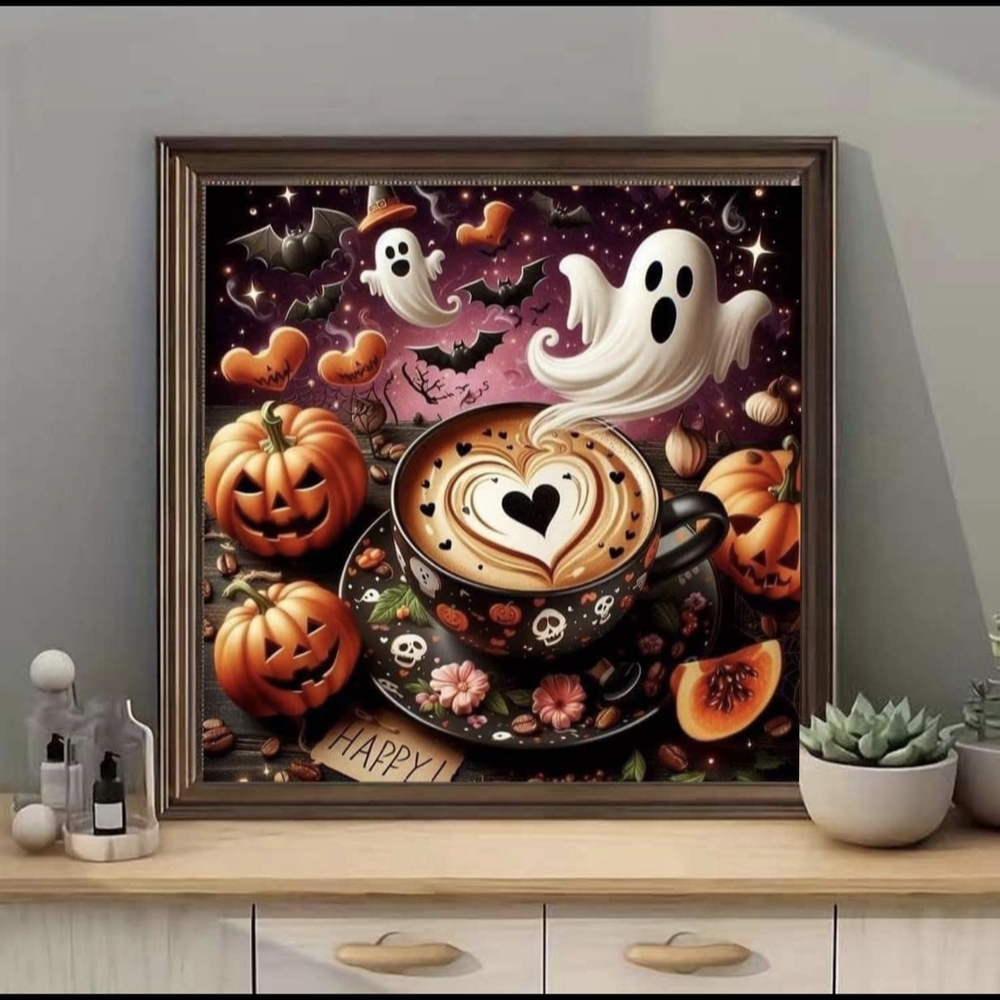 Halloween Pumpkin Spice Latte Ghosts 5D Diamond Painting Kit New - Picture 3 of 7